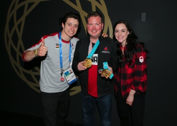 Me alongside Olympic Champions Scott Moir and Tessa Virtue at Canada Olympic House.