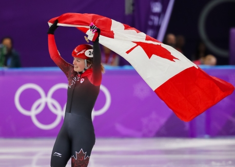February 22, 2018: Short track speed skater Kim Boutin celebrates her silver medal result in the women's 1000m final. (PHOTO: Greg Kolz)